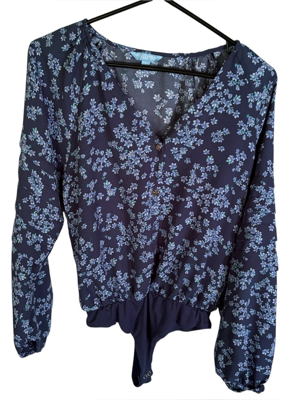 Draper James RSVP Blue Floral Bodysuit Long Ruffle Sleeves *flaw- missing button